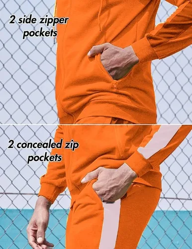 Vista 4 de COOFANDY Chándal para hombre con bolsillos con cremallera completa, sudadera con capucha y cremallera completa, 2 piezas, para correr, trotar