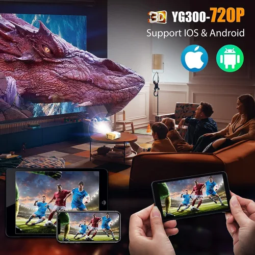Vista 2 de Mini proyectores de video 720P proyector de película, proyección de pantalla de 24 a 60 pulgadas, proyector LED amigable con los ojos para cine