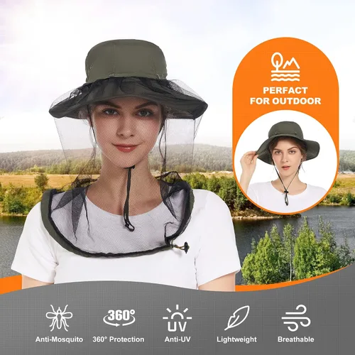 Vista 2 de Mosquito Head Net Hat - Bug Cap UPF 50+ Sun Protection with Hidden Netting for Beekeeping Hiking Women