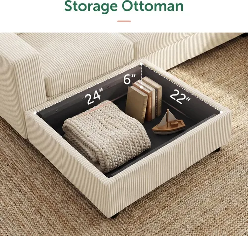 Vista 6 de HONBAY Sofá modular de pana con almacenamiento en forma de L para sala de estar, sofá seccional de 6 plazas, color beige