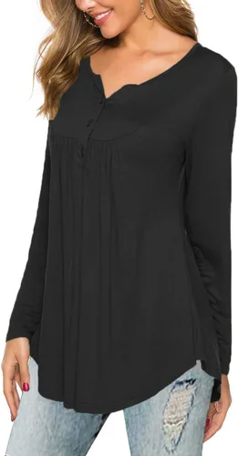 Vista 5 de Halife Blusa casual de manga larga con cuello en V para mujer, ajuste holgado, plisada