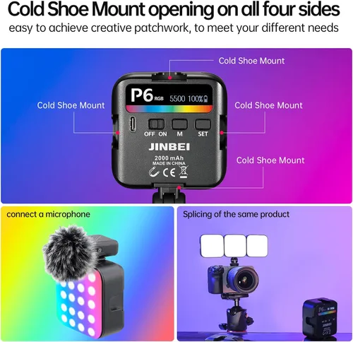 Vista 3 de JINBEI Luz de video LED P6, luz de cámara con 4 soportes de zapata fría, 2000 mAh, iluminación fotográfica portátil recargable (P6 RGB)