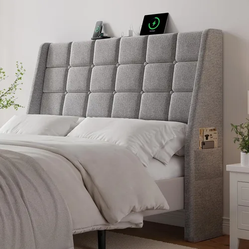 Vista 14 de Cabecera ergonómica tapizada de tamaño completo con estación de carga, cabeceros wingback de lino con bolsillo de almacenamiento, solo cabecero