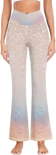 Vista 2 de Pantalones de trabajo de yoga con purpurina dorada rosa para mujer, pantalones elásticos para mujer, leggings acampanados