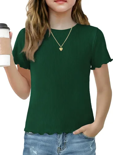 Vista 17 de Arshiner Camisas de manga corta con ribete de lechuga para niñas, camisetas de verano acanaladas con cuello redondo Blanco