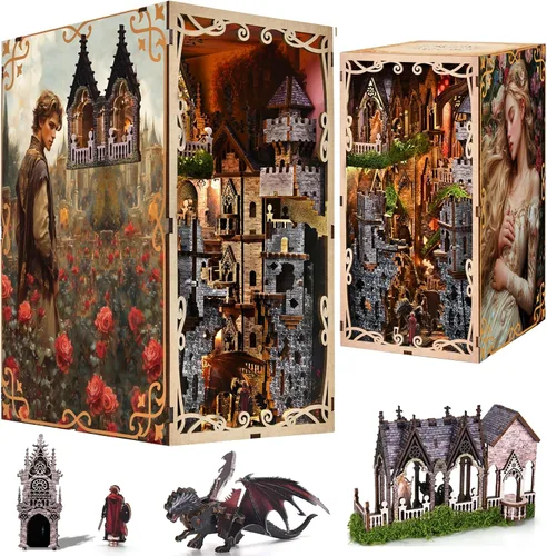 Vista 20 de MiniCity Kit de rincón de libros de bricolaje, escena de madera en miniatura 3D con luces LED, cubierta de polvo y herramientas para decoración