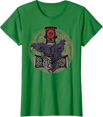 Vista 37 de Thors Hammer Mjolnir Huginn and Muninn Odin Raven - Camiseta, Negro, S