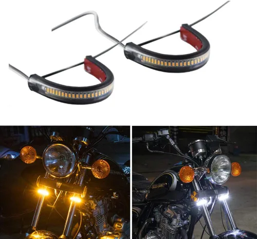 Vista 8 de 2 piezas flexibles Switchback de doble color blanco y ámbar para motocicleta LED horquilla intermitentes DRL luz diurna impermeable ajustable kit