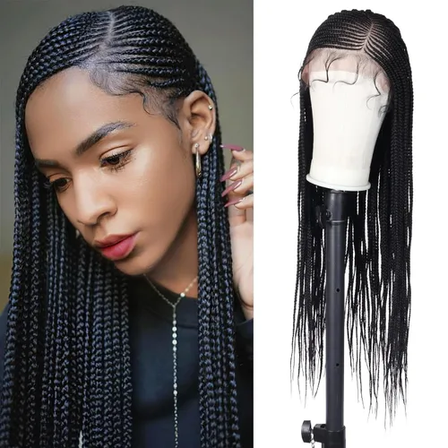 Vista 12 de Alebery Pelucas Trenzadas de Caja Bohemias Sin Nudos de Encaje Frontal HD 13X8 para Mujeres Negras Pelucas de Trenzas de Caja Bohemias con Rizos