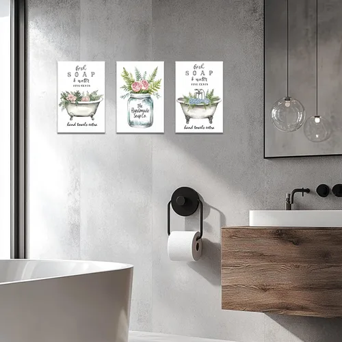 Vista 3 de KVTM 3 piezas de arte de pared de baño de granja, diseño de jabón fresco y bañera de agua, impresiones rústicas de flores en lienzo, arte estético