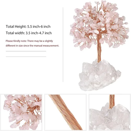 Vista 2 de Nupuyai Árbol de cristal de cuarzo rosa curativo hecho a mano con racimo de cuarzo de roca, árbol de dinero bonsái de piedra energética, decoración