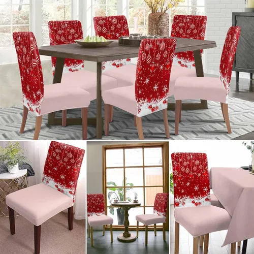 Vista 3 de YOKOU Juego de 4 fundas elásticas para sillas de comedor, diseño de copos de nieve, estrellas, fondo rojo, invierno, fundas protectoras extraíbles