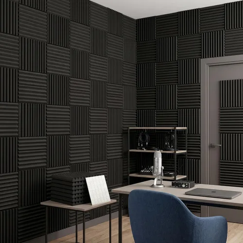 Vista 4 de Paquete de 52 cintas negras de doble cara de 1 x 12 x 12 pulgadas, paneles de pared de espuma de absorción de sonido de espuma de estudio