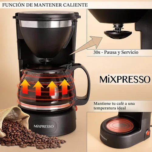 Vista 2 de Mixpresso Cafetera de Goteo de Café (6 Tazas), Negro Glass Carafe Coffee Machine with Auto-Off, Anti-Drip, Water Window and Easy On/Off Switch for