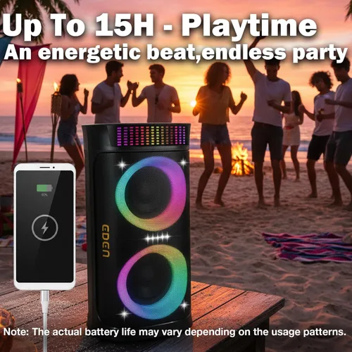 Vista 6 de Altavoz Bluetooth grande, pico de 200 W, 8 luces, 2 micrófonos TWS Stereo Pairing, 6 EQ Modes, 18-Level Bass/Treble Control, Type-C Charging for