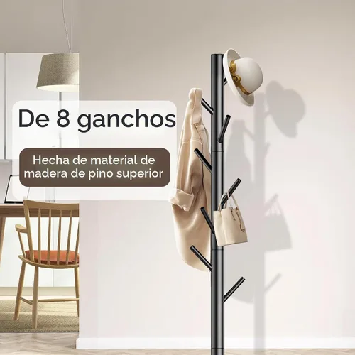Vista 2 de Aliphon Perchero de madera, perchero independiente con 8 ganchos, árbol de abrigos ajustable de 3 tamaños para sombreros, abrigos, bufandas