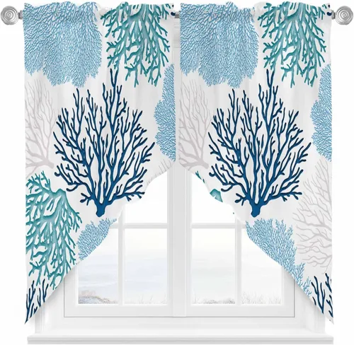 Vista 26 de Cenefa de amarre para ventanas, cortinas náuticas costeras de coral, cenefas con bolsillo para barra, cortinas de ventana con temática de playa