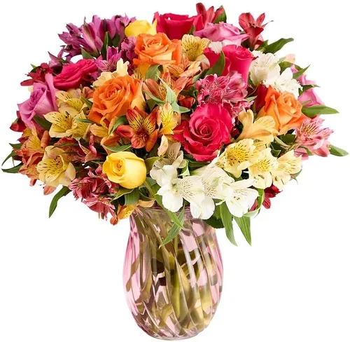 Vista 8 de 1800 flores – Ramo doble surtido de rosas brillantes y lirios peruanos (florero transparente incluido) – Flores frescas para entrega – Regalo