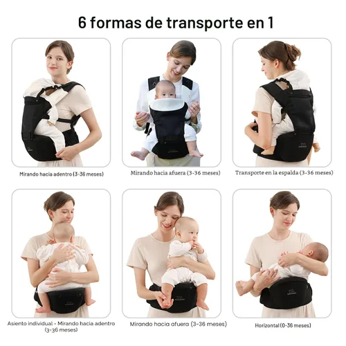 Vista 6 de Portabebés Bebamour con asiento de cadera, malla transpirable para todas las posiciones en el asiento de cadera y portabebés de 0 a 36 meses