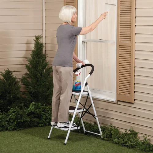 Vista 3 de LivingSURE Combo de taburete de escalera de 3 escalones con asa, taburete plegable antideslizante, escalera de pedal extra ancha resistente