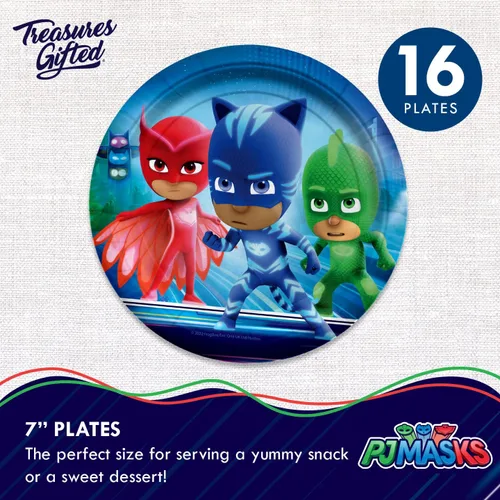 Vista 3 de Treasures Gifted Suministros para fiesta de cumpleaños con licencia oficial de PJ Masks - Sirve a 16 invitados - Juego clásico de vajilla PJ Masks