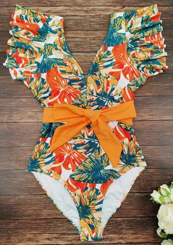 Vista 4 de Binlowis Traje de baño de una pieza con cuello en V profundo para mujer, estampado floral, traje de baño para playa