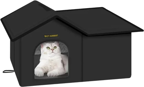 Vista 15 de Rest-Eazzzy Casa para gatos al aire libre, resistente a la intemperie y aislada, con alfombrilla y toldo, fácil de poner, refugio para gatos Negro