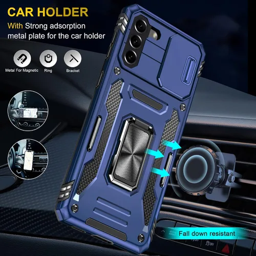 Vista 2 de Funda para Samsung Galaxy S21 FE 5G con cubierta para lente de cámara, protector de pantalla HD, soporte de anillo magnético probado contra caídas
