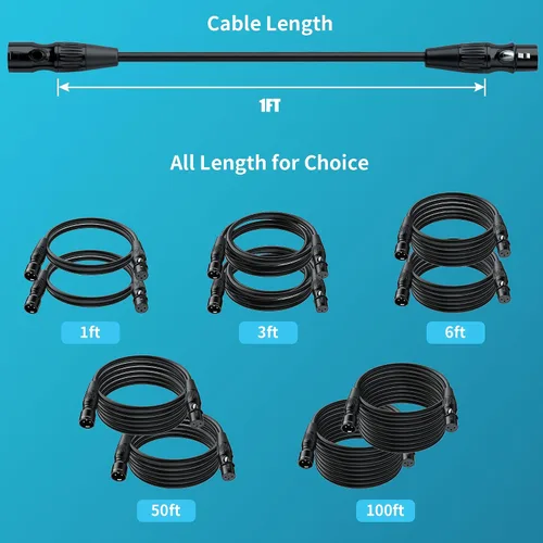 Vista 2 de SMALL-EYE Cable de micrófono XLR de 1 pie, paquete de 2 unidades, 3 pines macho a hembra Audio equilibrado, contactos chapados en oro, cable