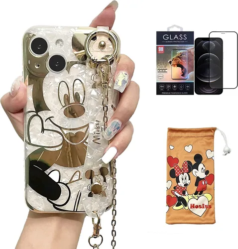 Vista 14 de Funda de dibujos animados para iPhone 7/8/SE de 4.7" con protector de pantalla HD, Mickey Mouse con correa de muñeca, soporte, cadena de metal