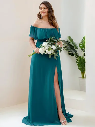 Vista 3 de Ever-Pretty Plus Women's Off Shoulder Short Sleeves Empire Waist Side Slit Chiffon Flowy Plus Size Bridesmaid Dresses