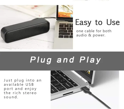 Vista 4 de Altavoz USB para computadora de escritorio, barra de sonido portátil Mini PC altavoz, negro Alimentado por USB, Plug and Play, altavoz portátil