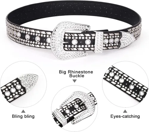 Vista 2 de UnFader Cinturones de diamantes de imitación brillantes para mujer, cinturones de vaquera occidentales con tachuelas para pantalones de mezclilla
