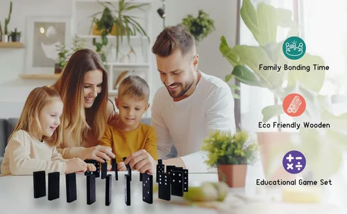 Vista 5 de Juego de Dominó de Madera Doble 6 de Offelec - 28 fichas de dominó negro para niños, adultos y juegos familiares Ideal para 2-4 jugadores