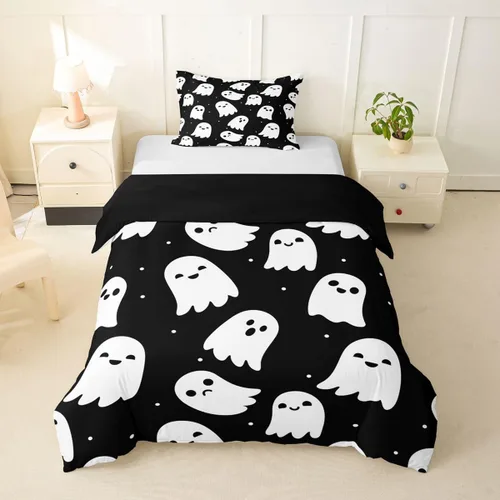 Vista 27 de Funda de edredón con diseño de murciélago, juego de ropa de cama de murciélago negro y naranja, funda de edredón temática de Halloween