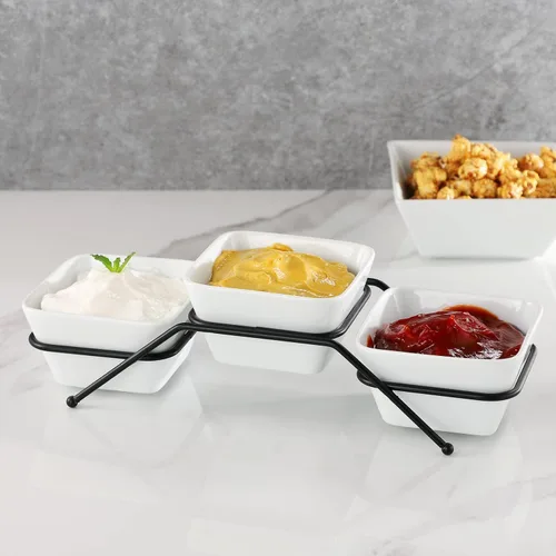 Vista 6 de Buyajuju Juego de 3 piezas de cuencos cuadrados de porcelana para chips y salsa con soporte de metal negro, cuencos pequeños de 4.5 pulgadas blancos