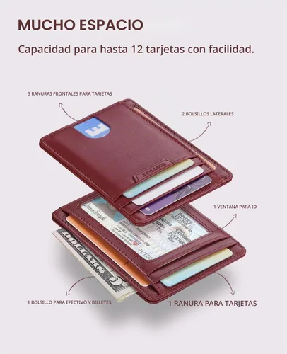 Vista 4 de Buffway Cartera delgada para hombres y mujeres, minimalista, pequeña, de cuero, con bolsillo frontal, con bloqueo RFID y caja de regalo, Pequeña