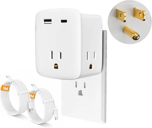 Vista 8 de Extensor de toma de corriente múltiple, 3 salidas de CA con 2 puertos de carga USB (1 USB-C/1 USB-A), regleta de alimentación de 3 lados con labio