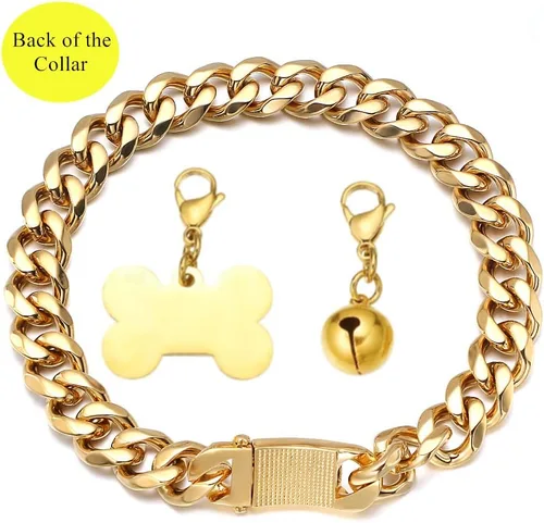 Vista 5 de Collar de oro para perro de 18 quilates, cadena de eslabones cubanos de 0.591 in/0.748 in de ancho, a prueba de mordidas, fuerte entrenamiento