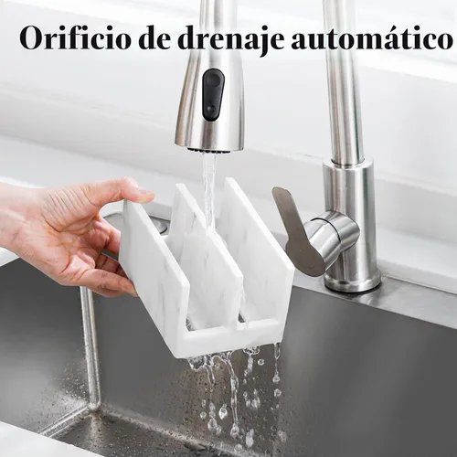 Vista 6 de Luxspire Soporte para esponja de cocina, soporte para esponja de platos con bandeja de drenaje, soporte de esponja de mármol para fregadero