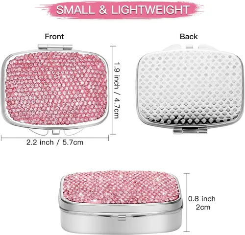Vista 2 de Soleebee Pastillero de cristal brillante, portátil con 2 compartimentos, organizador diario de píldoras, pequeño estuche de viaje para bolso