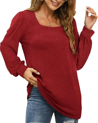 Vista 2 de WIHOLL Camisetas tipo túnica para mujer, ajuste holgado, manga larga, cuello cuadrado