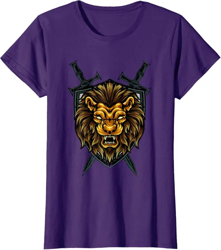 Vista 8 de Camiseta con diseño de caballero medieval renacentista, con diseño de espada de león, Negro, S