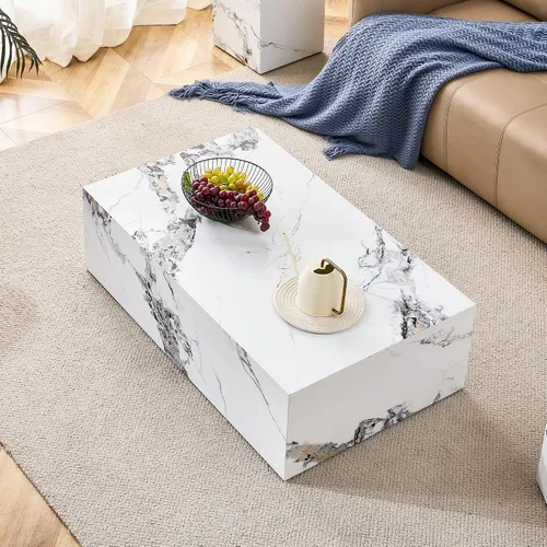 Vista 6 de Mesa de centro blanca de 39.3 pulgadas, moderna mesa central de mármol sintético de lujo, cubo rectangular minimalista, mesa de cóctel MDF, mesa