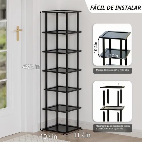 Vista 2 de Zapatero alto vertical para entrada, 7 niveles, delgado, estrecho, de madera de bambú, apilable, soporte de almacenamiento para botas, espacios Negro