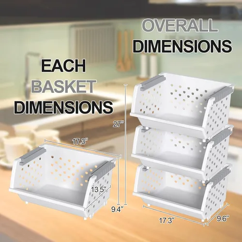 Vista 2 de Cestas de almacenamiento apilables de plástico de 3 niveles, cesta apilable para organizar alimentos, aperitivos, color blanco Plastic Kitchen