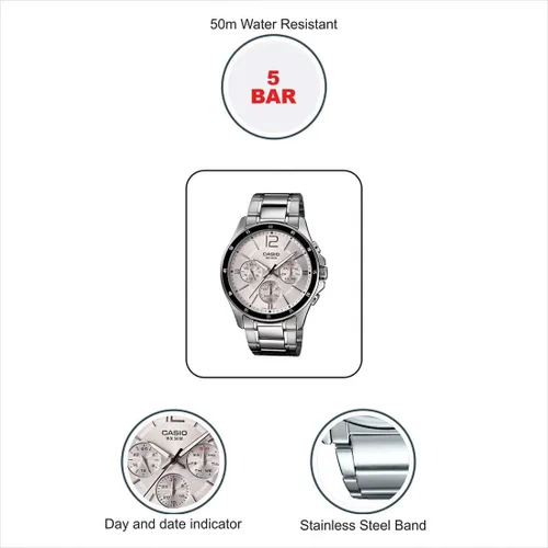 Vista 7 de Casio #MTP1374D-7AV Reloj de pulsera de metal estándar con esfera plateada multifunción para hombre, plateado, VestidoFormal
