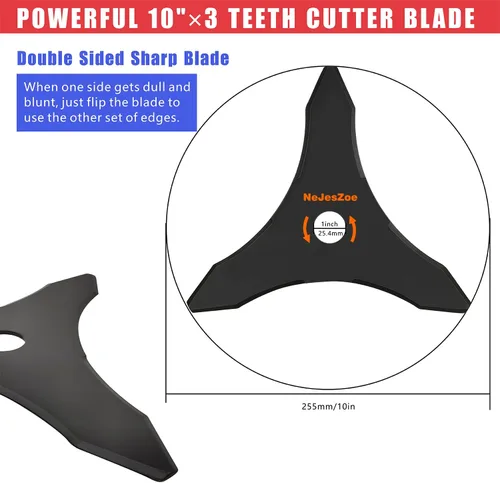 Vista 2 de NeJesZoe Cuchillas Cortadoras de Maleza de Acero al Carbono de 10" x 3 Dientes, Cabezal de Cuchilla Recortadora de Maleza con Kit Adaptador