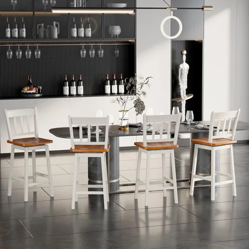 Vista 10 de COSTWAY Juego de 4 taburetes de bar de 24.5 pulgadas, sillas de bar de madera de goma con giro de 360°, reposapiés, taburetes de bar giratorios