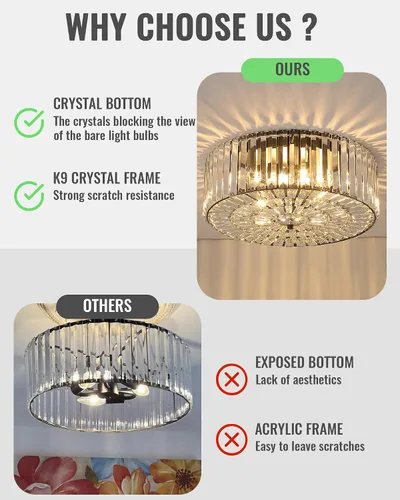 Vista 7 de Large Crystal Ceiling Light, 17.5" Black K9 Crystal Flush Mount Ceiling Light, 4-Light Round Luxury Light Fixture for Dining Room, Bedroom, Hotel